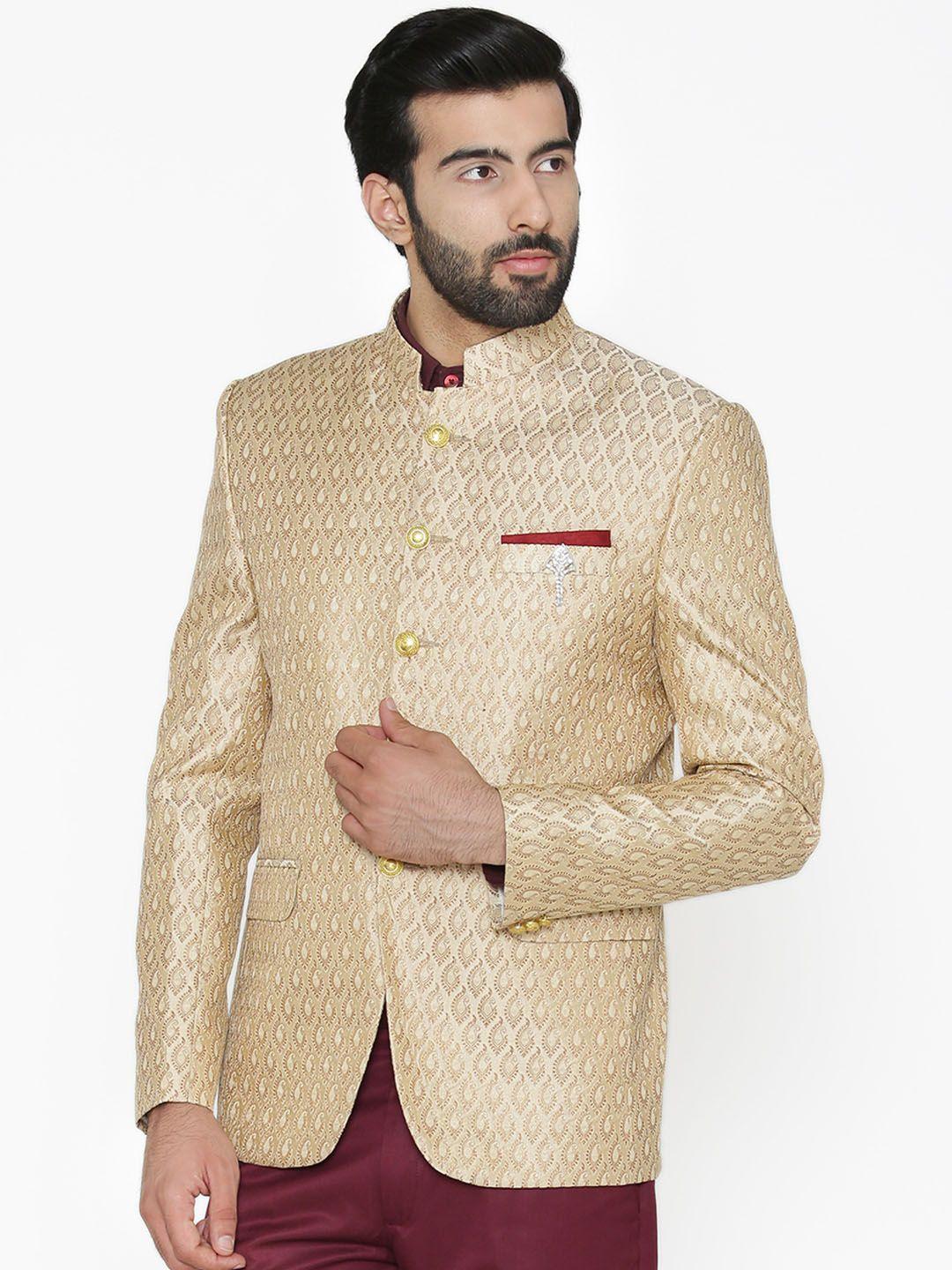 wintage men cream-coloured self-design tailored fit bandhgala blazer