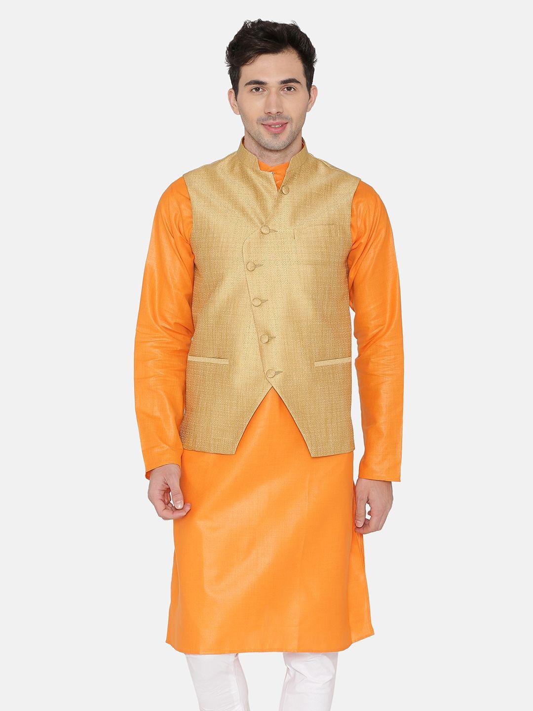 wintage men gold coloured woven design nehru jacket