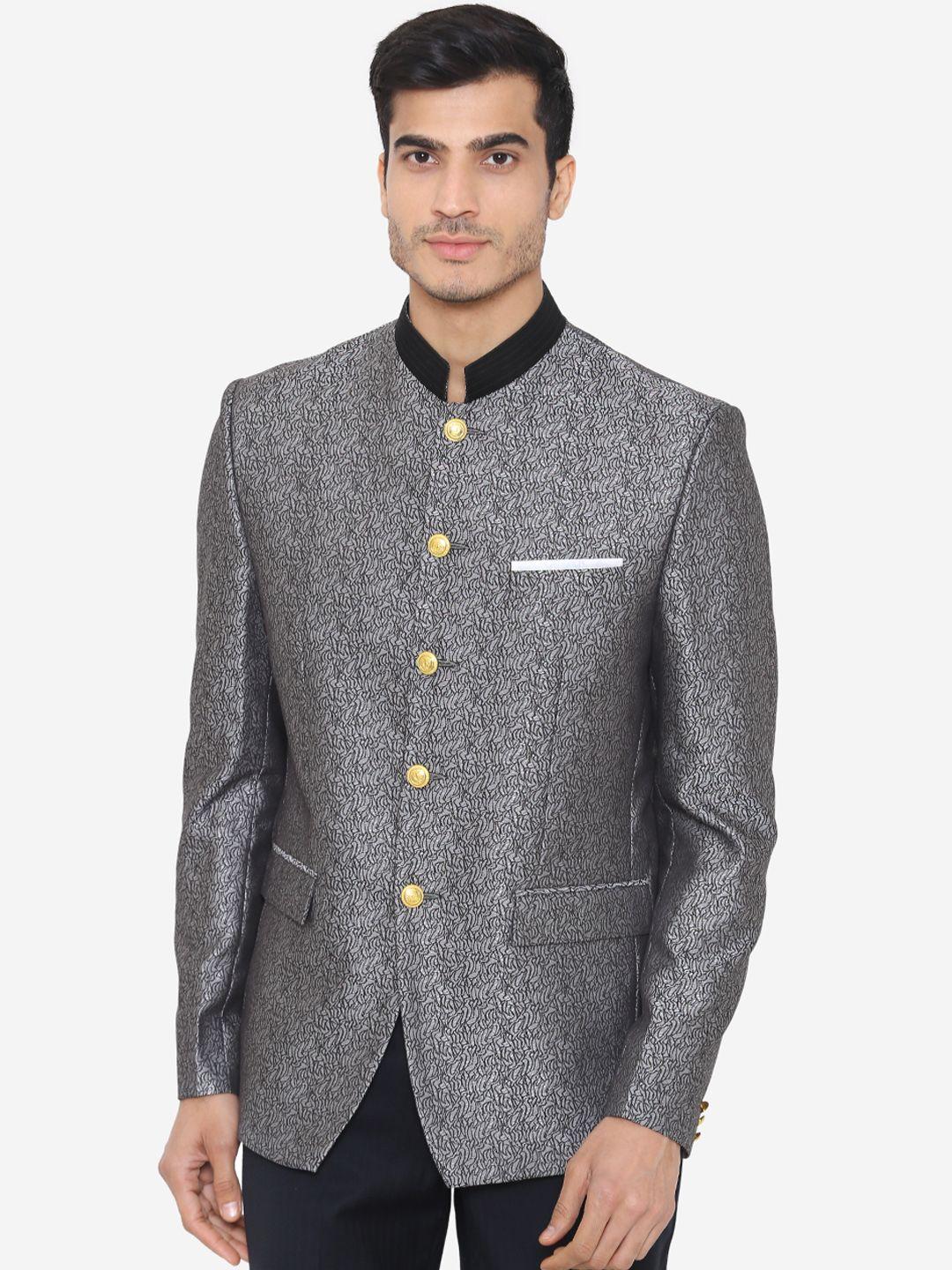 wintage men grey self-design tailored-fit bandhgala blazer