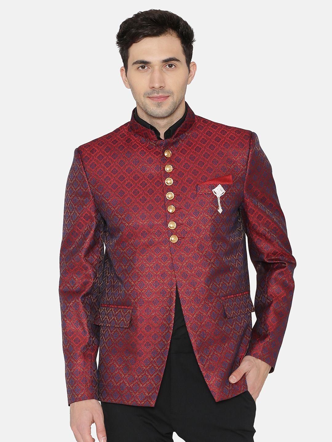 wintage men maroon printed single-breasted blazer