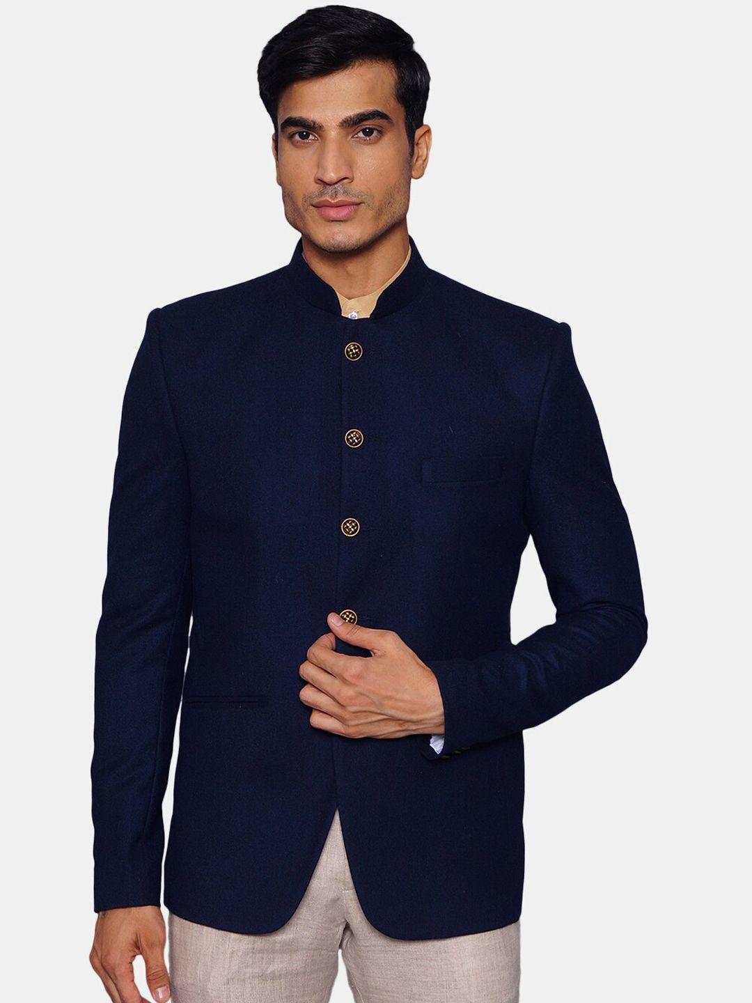 wintage men navy-blue solid pure woolen bandhgala blazer