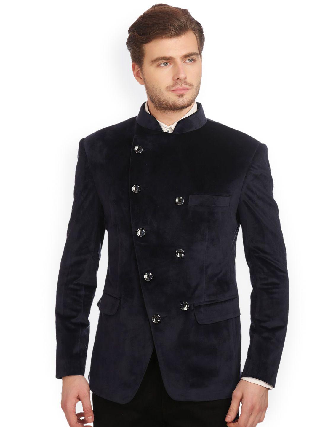 wintage men navy double-breasted velvet tailored fit ethnic bandhgala blazer