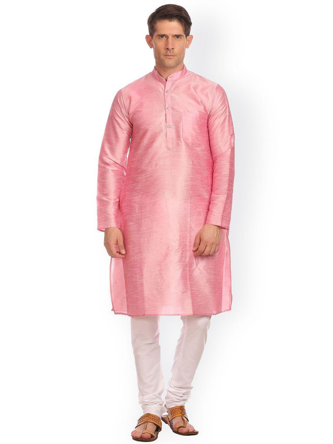 wintage men pink & white solid kurta with pyjamas