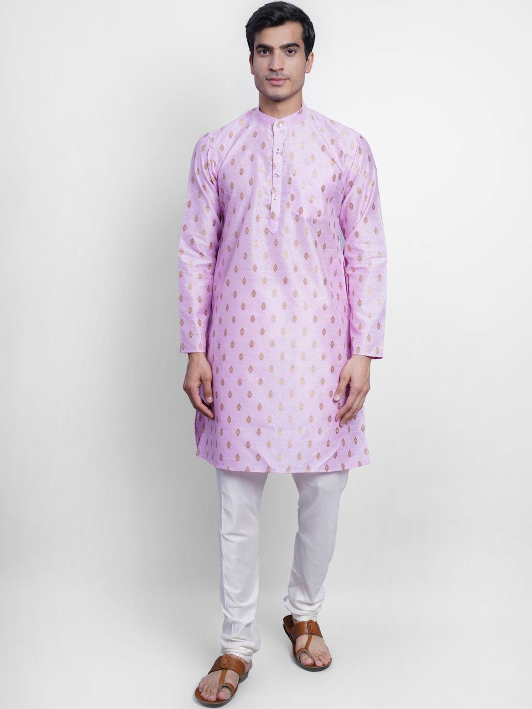 wintage men pink ethnic motifs printed regular kurta with churidar