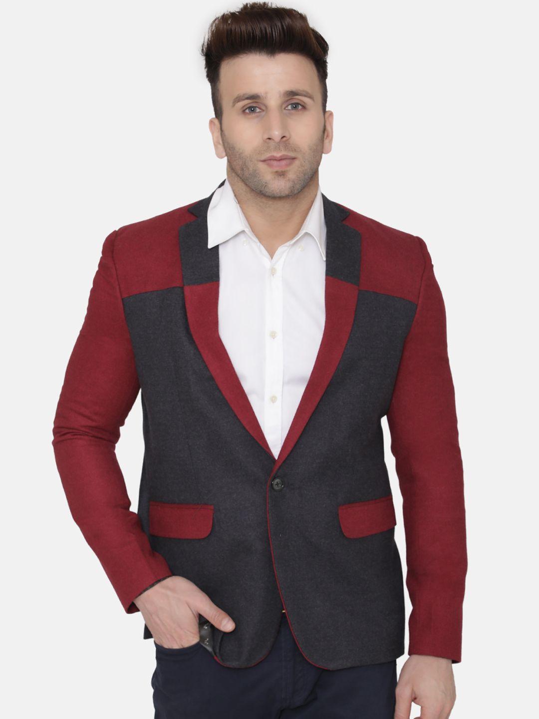 wintage men red & black solid regular-fit single-breasted woolen blazer