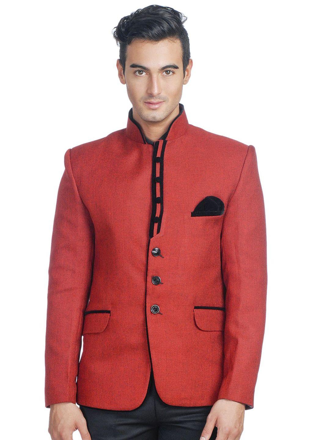 wintage men red single-breasted tailored fit ethnic bandhgala blazer