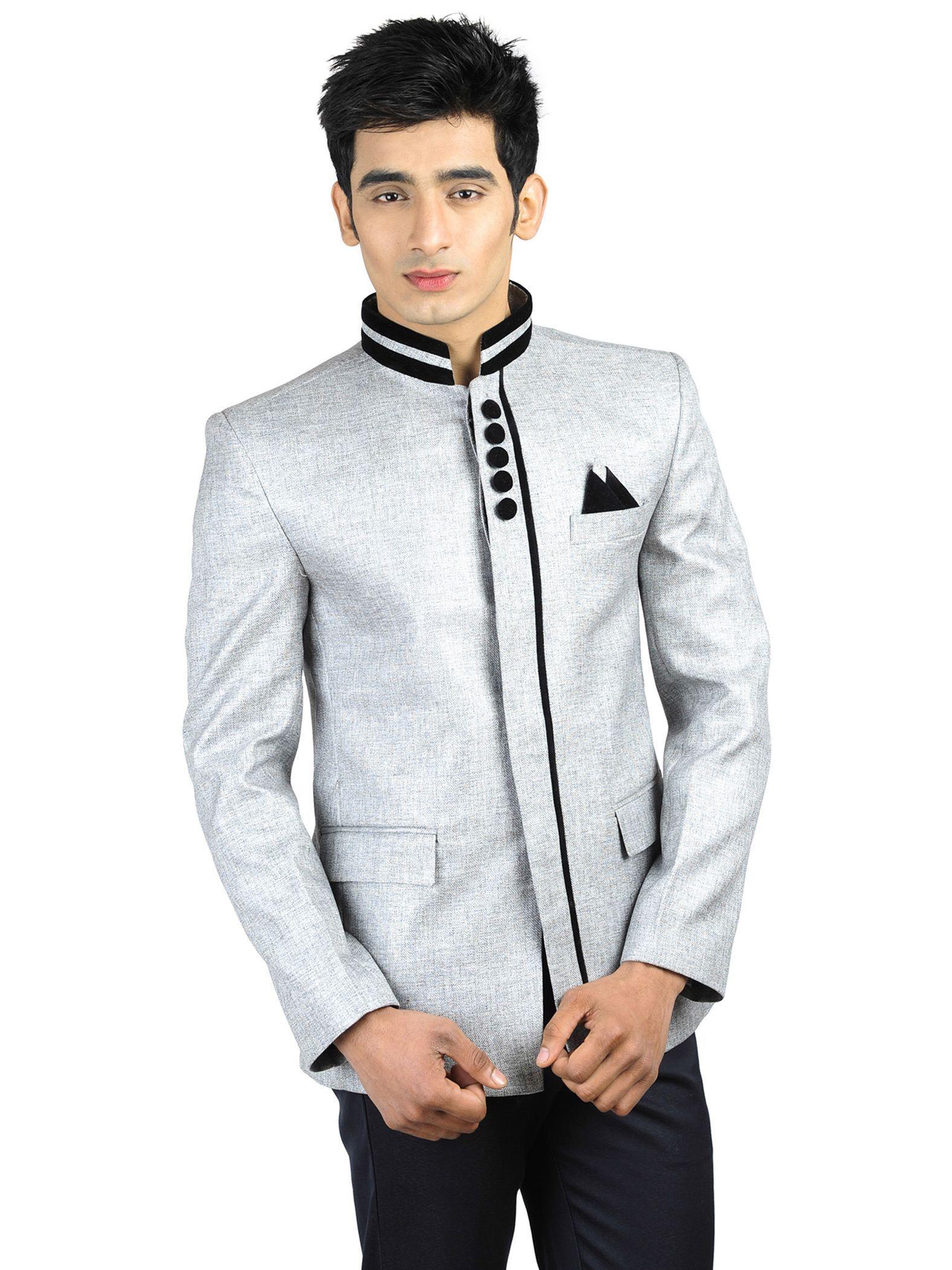 wintage men silver single-breasted tailored fit ethnic bandhgala blazer