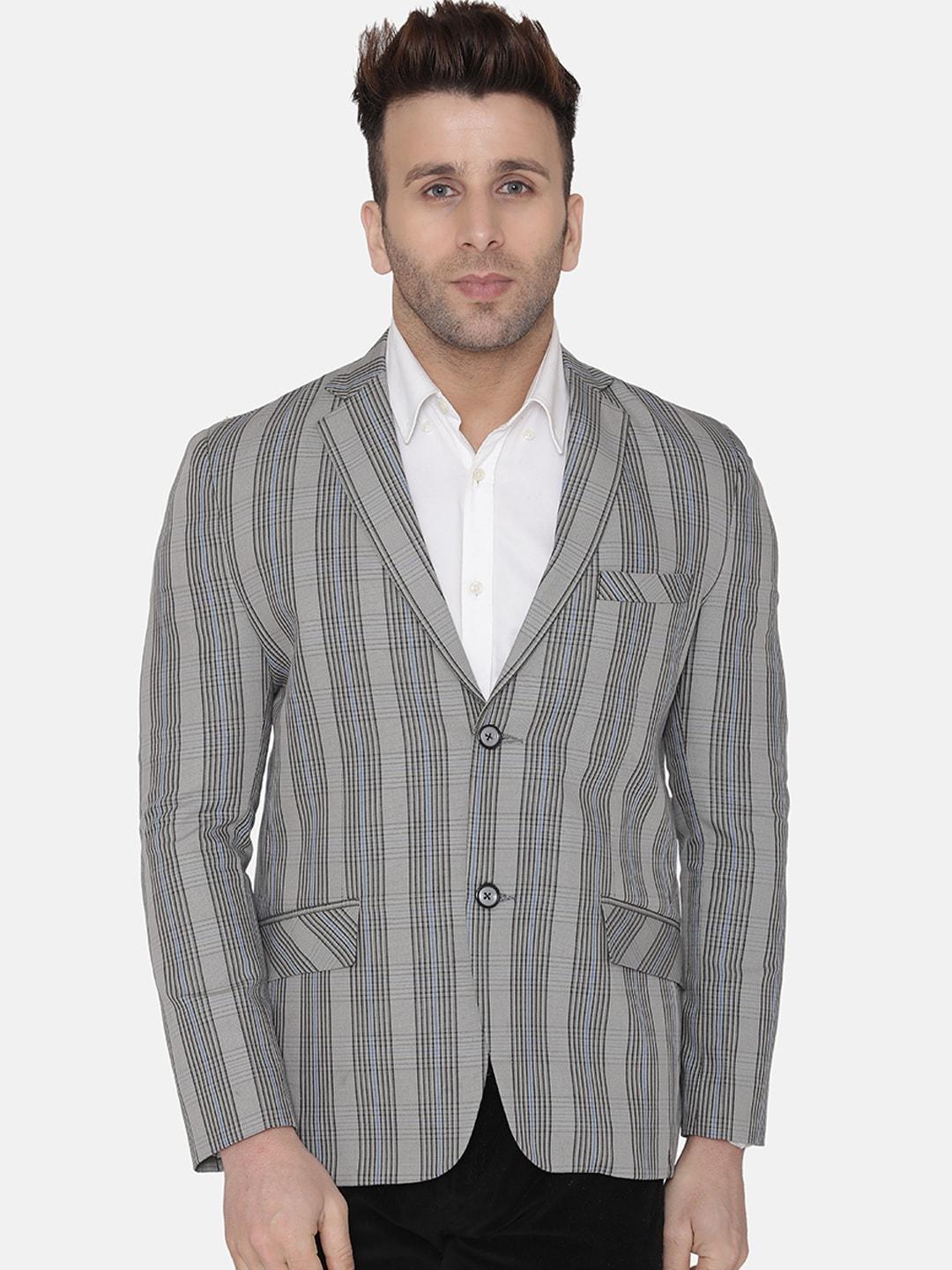 wintage men silver-toned checked regular-fit single-breasted pure cotton blazer