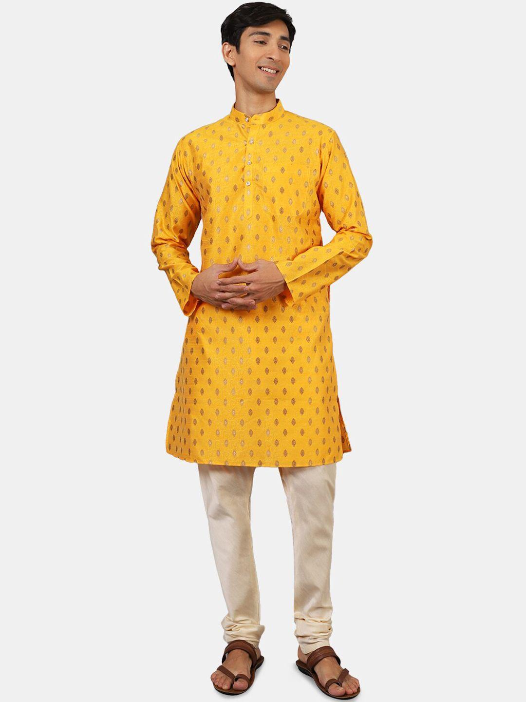 wintage men yellow & off-white ethnic motifs kurta with churidar