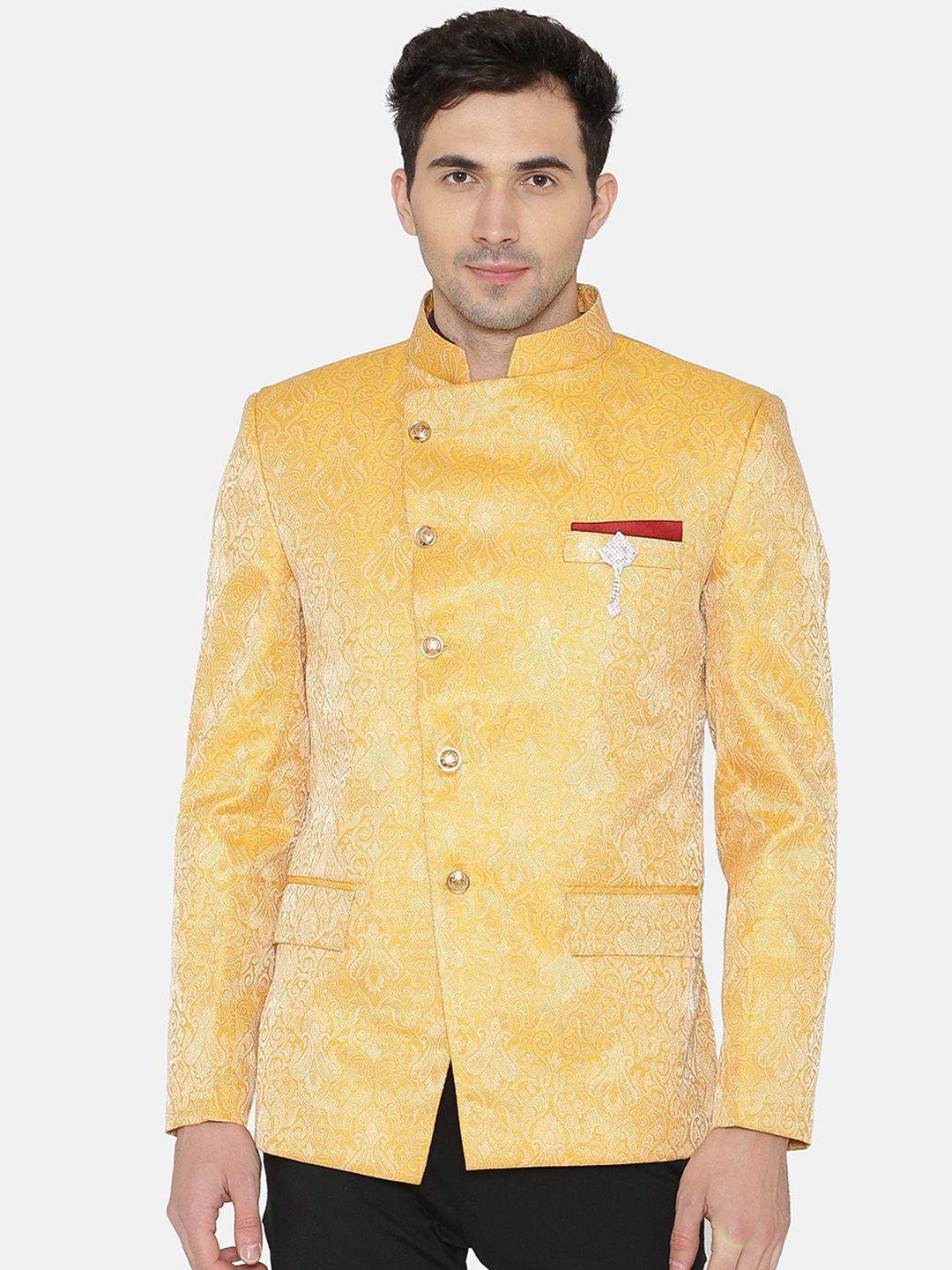 wintage men yellow self-design regular fit bandhgala blazer