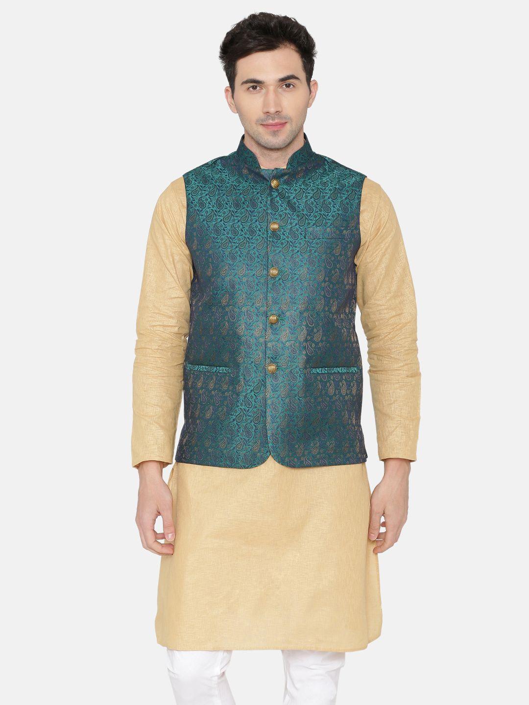 wintage teal green printed nehru jacket