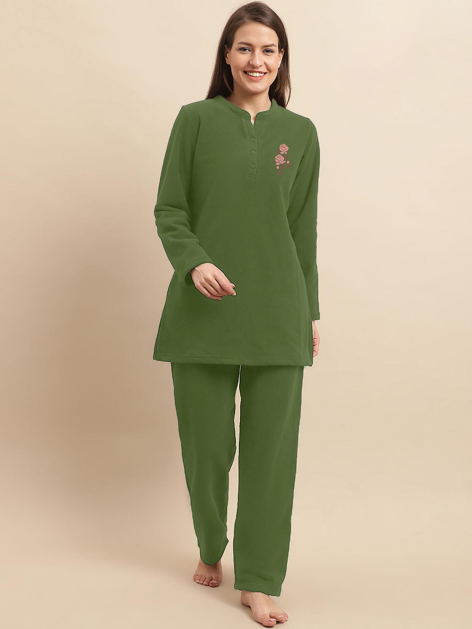 winter wear full sleeve solid night suit green (set of 2)