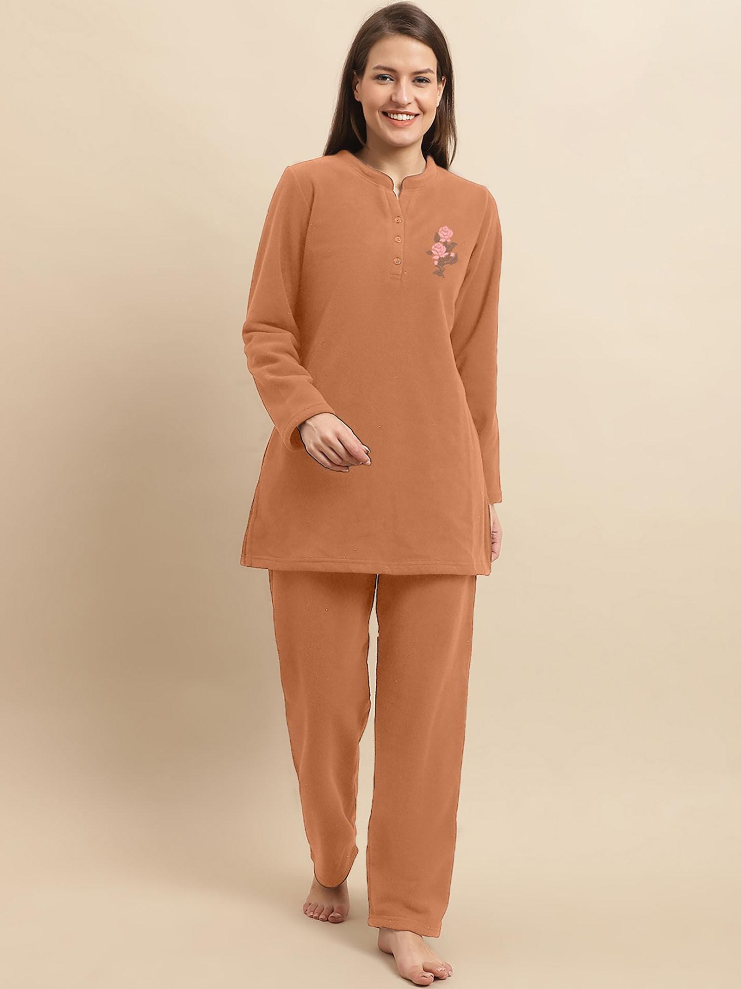 winter wear full sleeve solid night suit orange (set of 2)