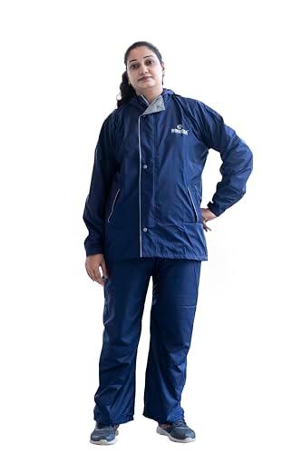 winwega zeel rain coat for women waterproof polyester rainwear with adjustable drawstring and pocket, hooded, women raincoat for scooty pant shirt (top and bottom raincoat) (xl, navy blue)