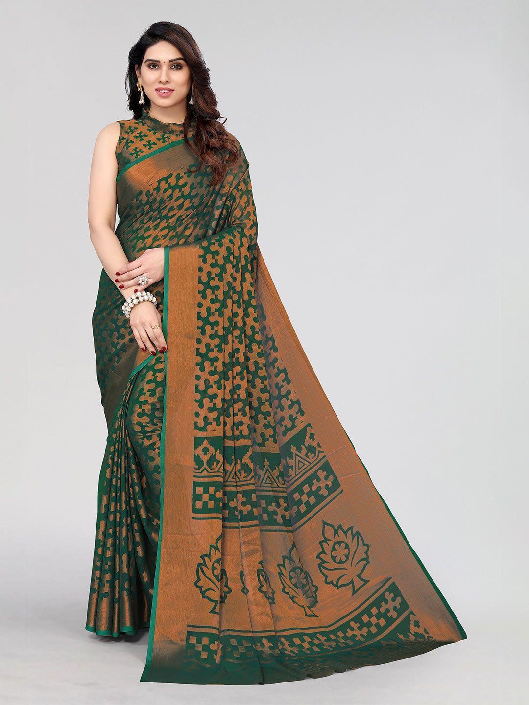 winza designer green & brown poly chiffon designer venkatgiri saree