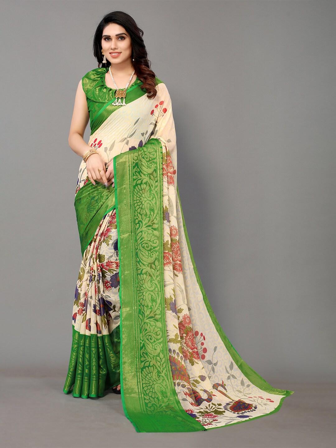 winza designer green & cream-coloured floral zari pure chiffon venkatgiri saree