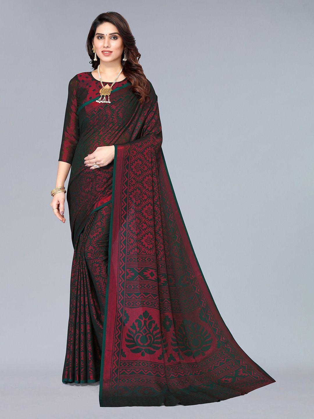 winza designer green & red floral pure chiffon saree