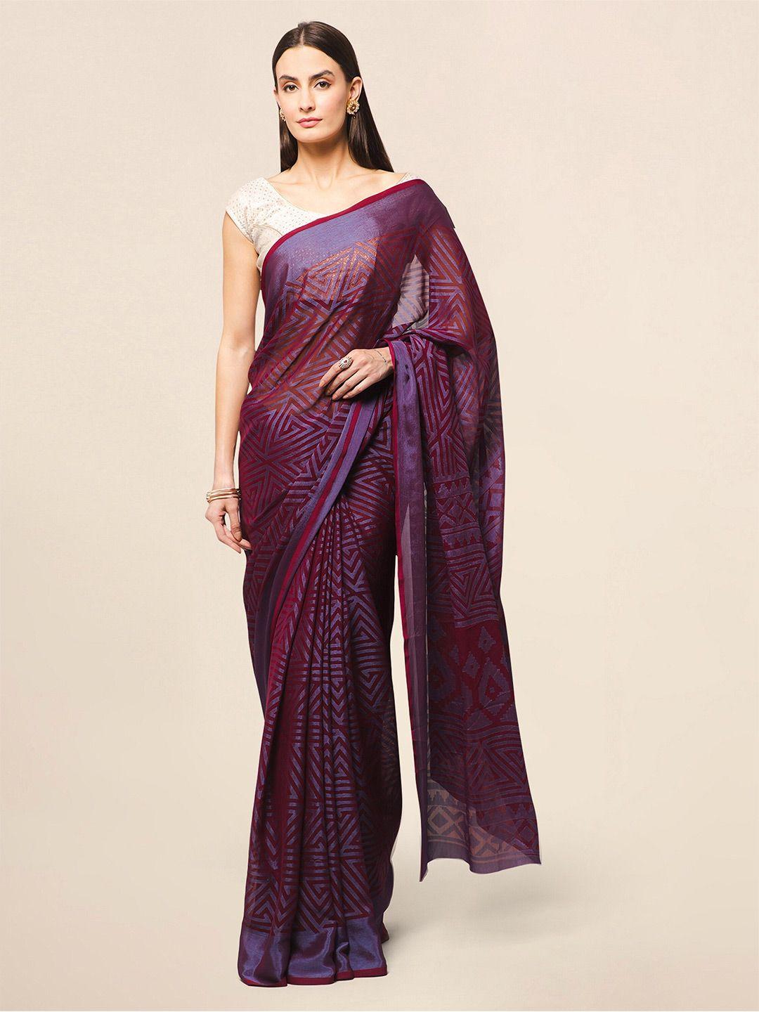 winza designer magenta & purple striped poly chiffon designer saree