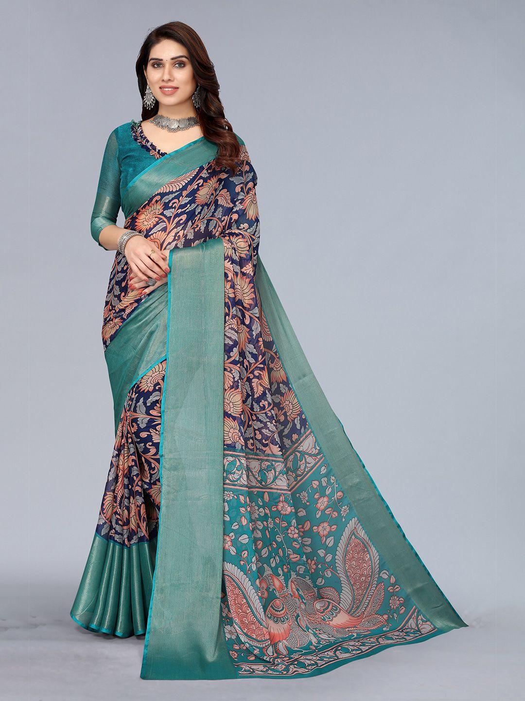 winza designer navy blue & green floral zari pure chiffon maheshwari saree