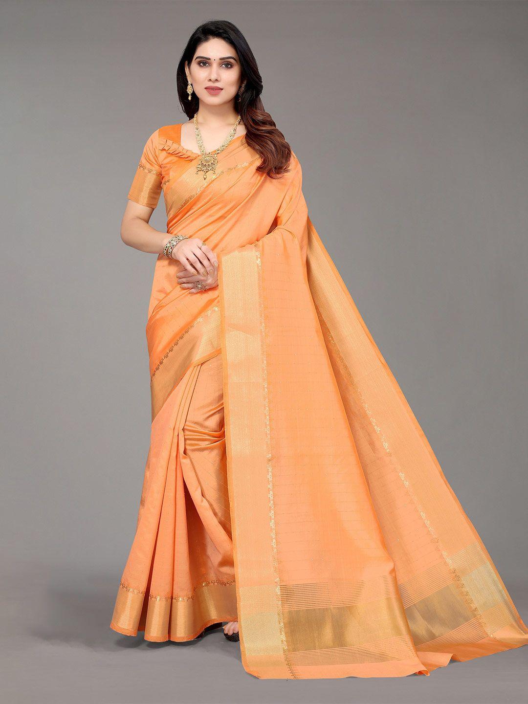 winza designer peach-coloured & gold-toned striped zari silk blend banarasi saree