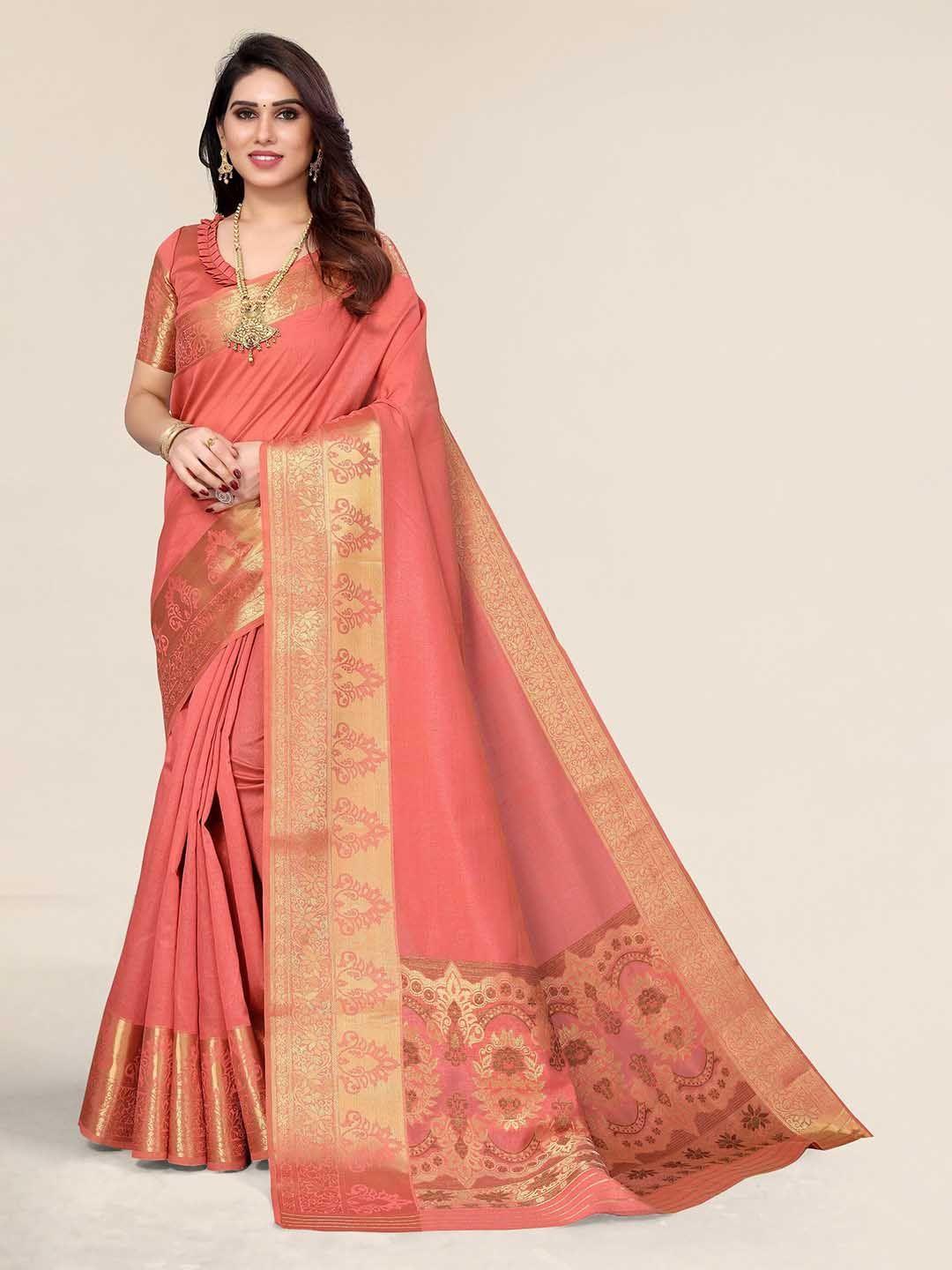 winza designer peach-coloured & gold-toned zari silk blend banarasi saree