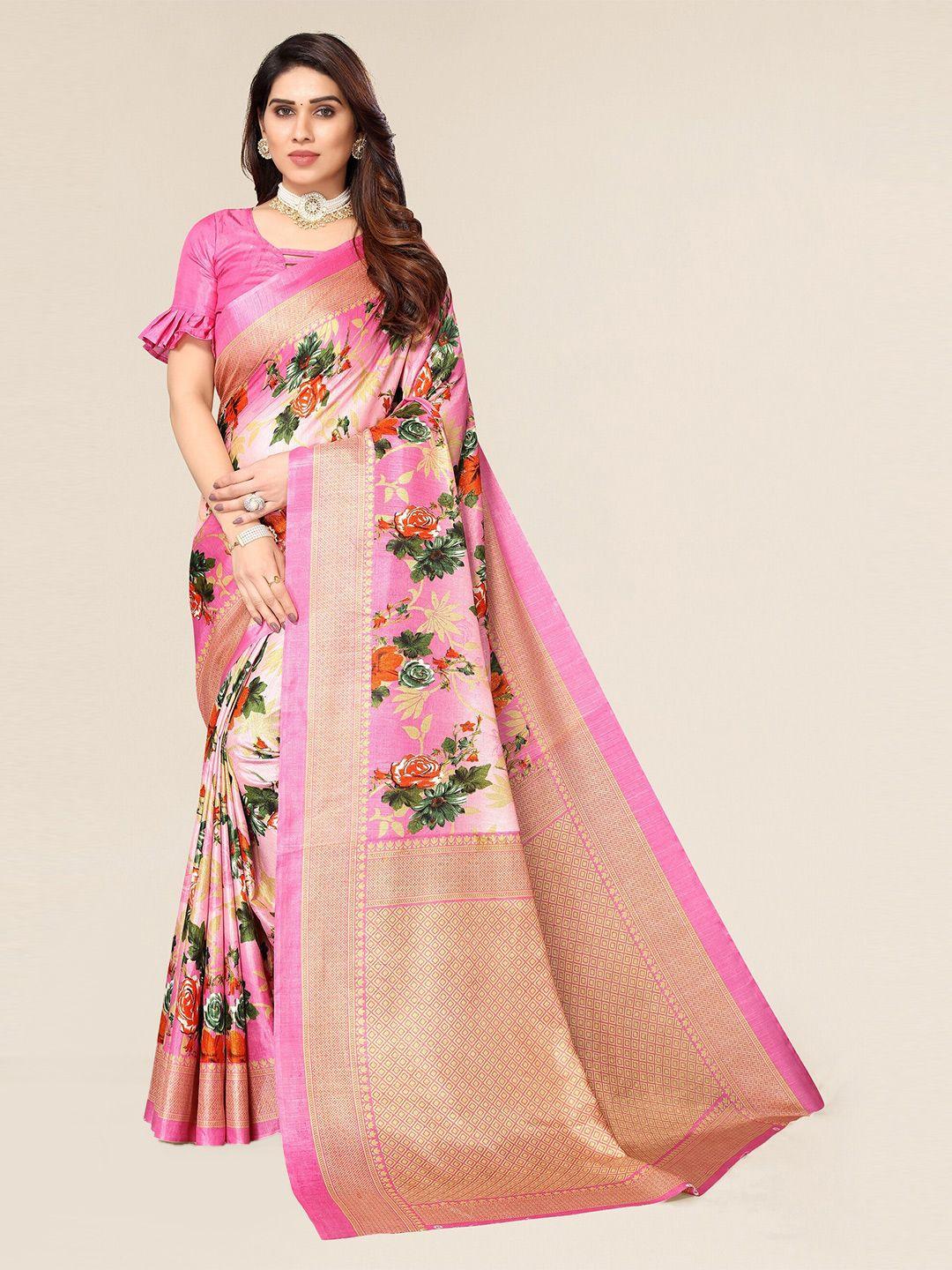 winza designer pink & green floral zari silk cotton mysore silk saree