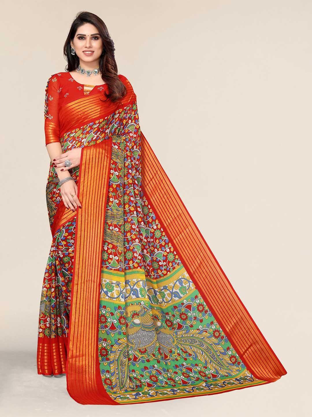 winza designer red & gold-toned floral zari pure chiffon bagh saree
