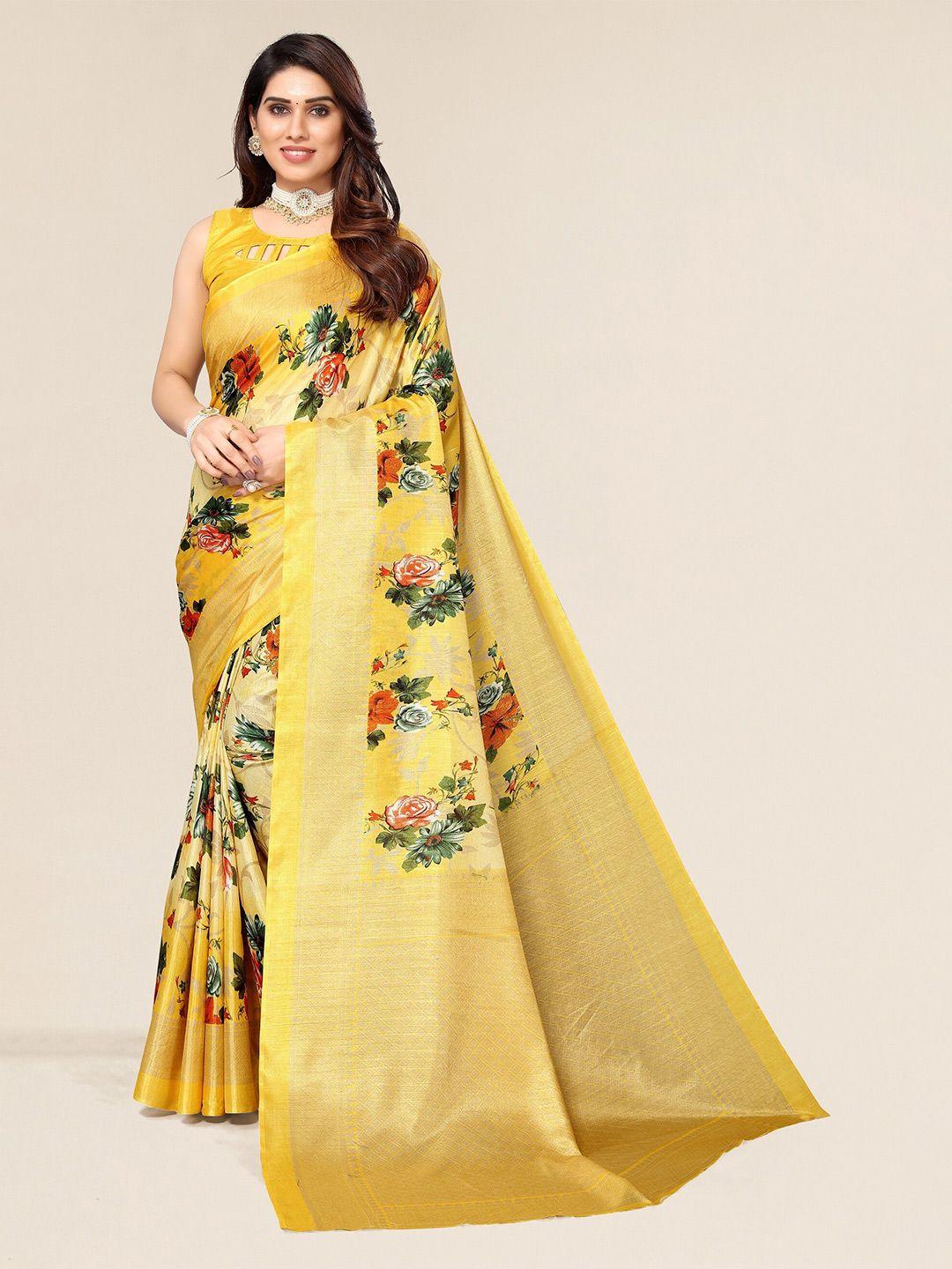 winza designer yellow & green floral zari silk cotton mysore silk saree