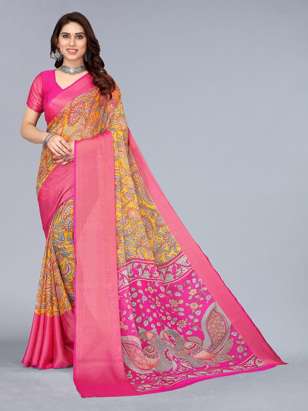 winza designer yellow & pink floral zari pure chiffon fusion maheshwari saree