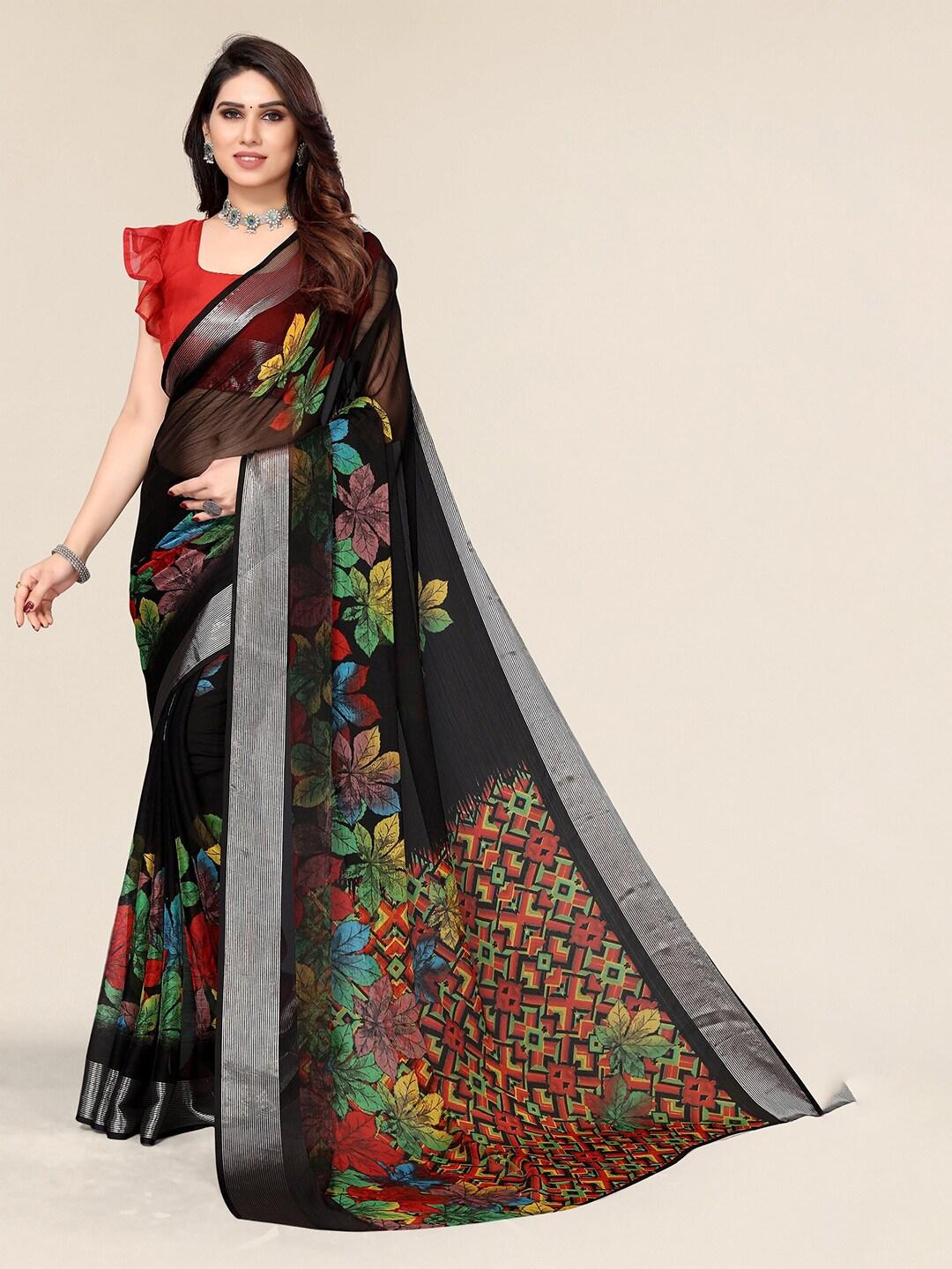 winza designer black & blue floral zari pure chiffon bagh saree