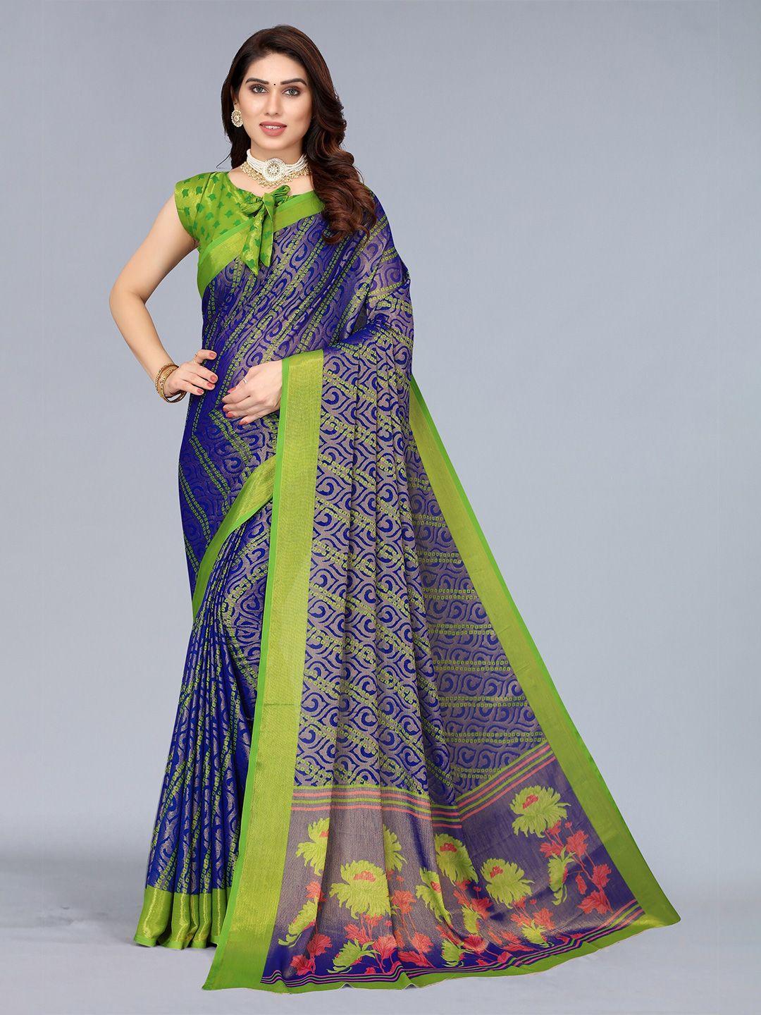 winza designer blue & green floral zari pure chiffon bandhani saree