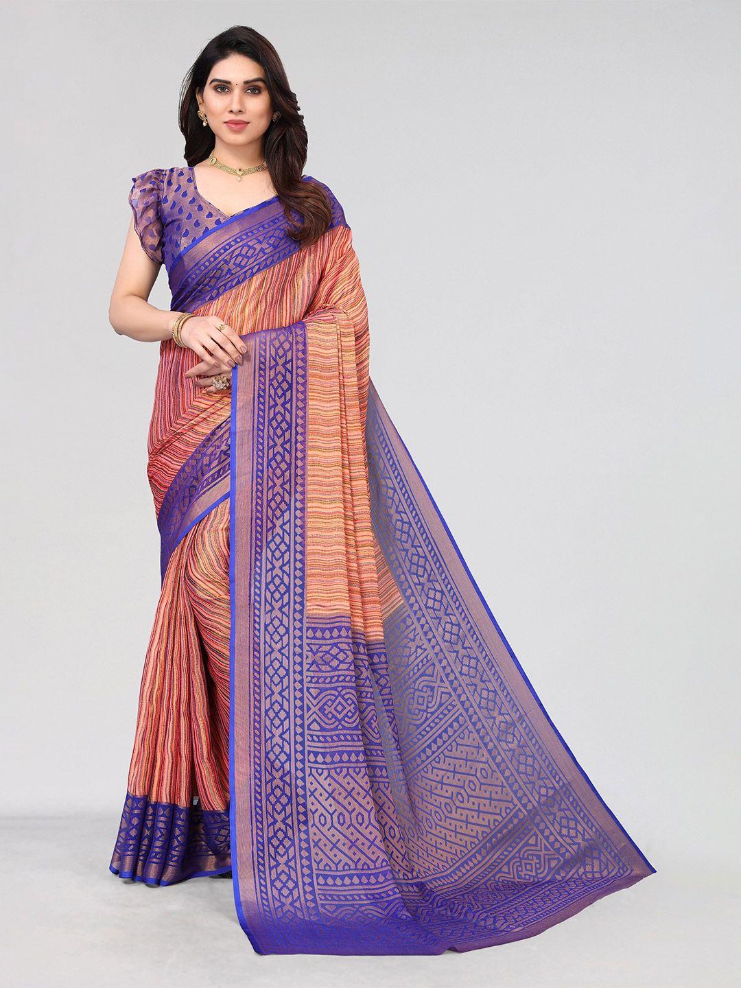 winza designer blue & orange striped poly chiffon venkatgiri saree