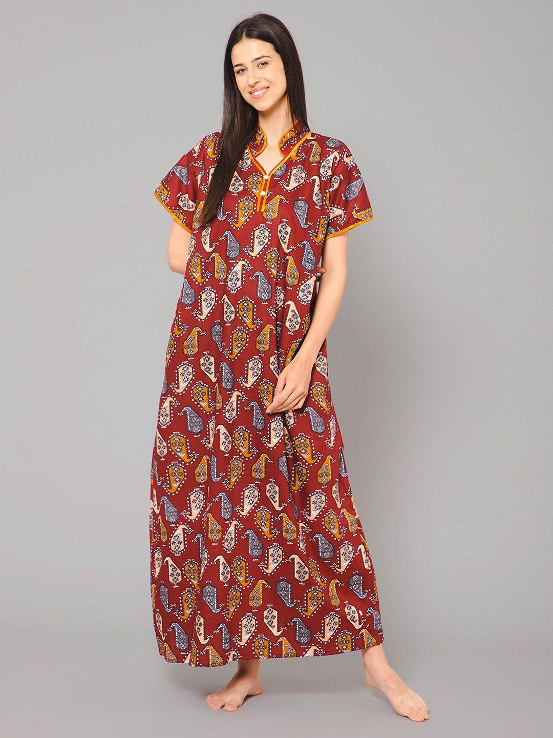 winza designer ethnic motifs printed pure cotton maxi nightdress