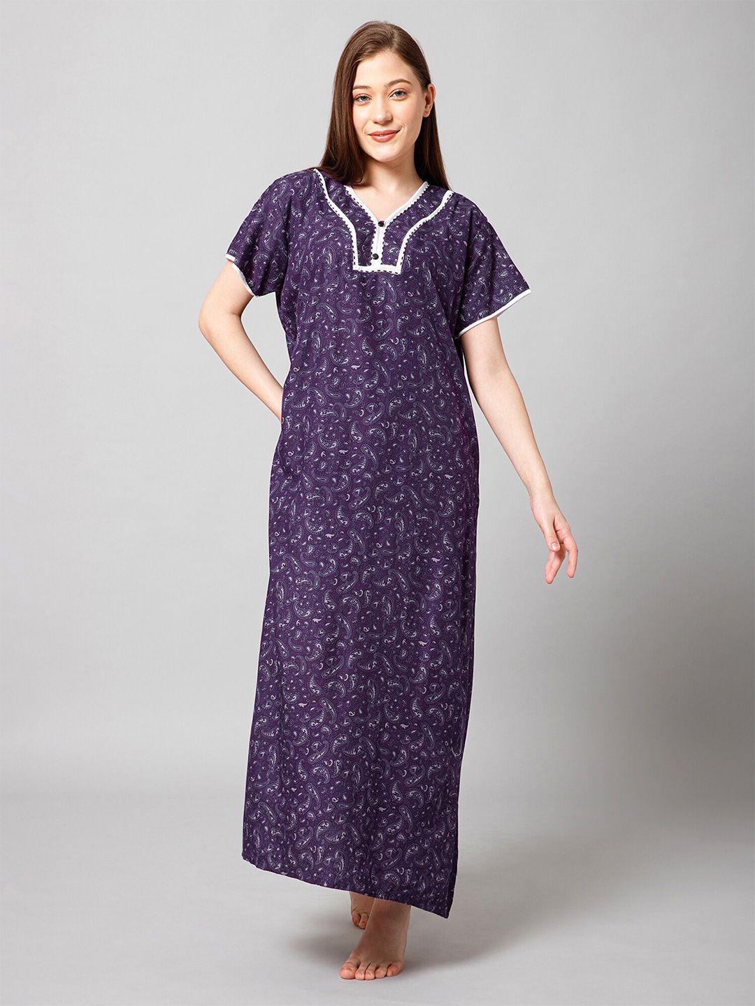 winza designer ethnic motifs printed v-neck pure cotton maxi nightdress