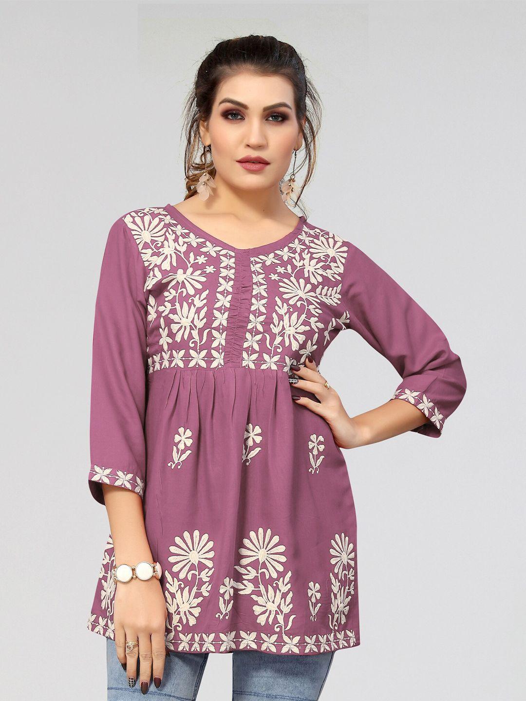 winza designer floral embroidered a line top