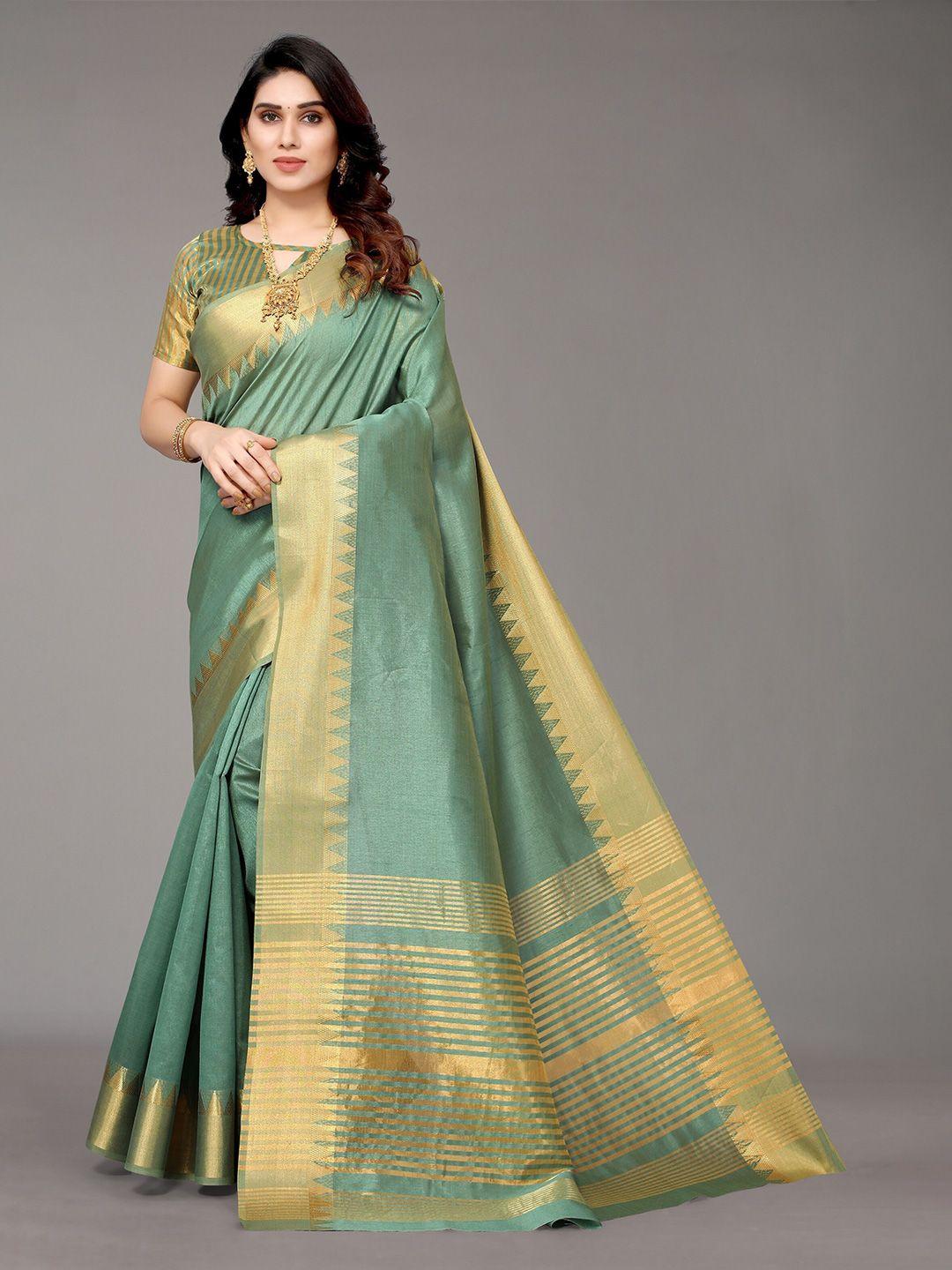 winza designer green & gold-toned zari silk blend banarasi saree