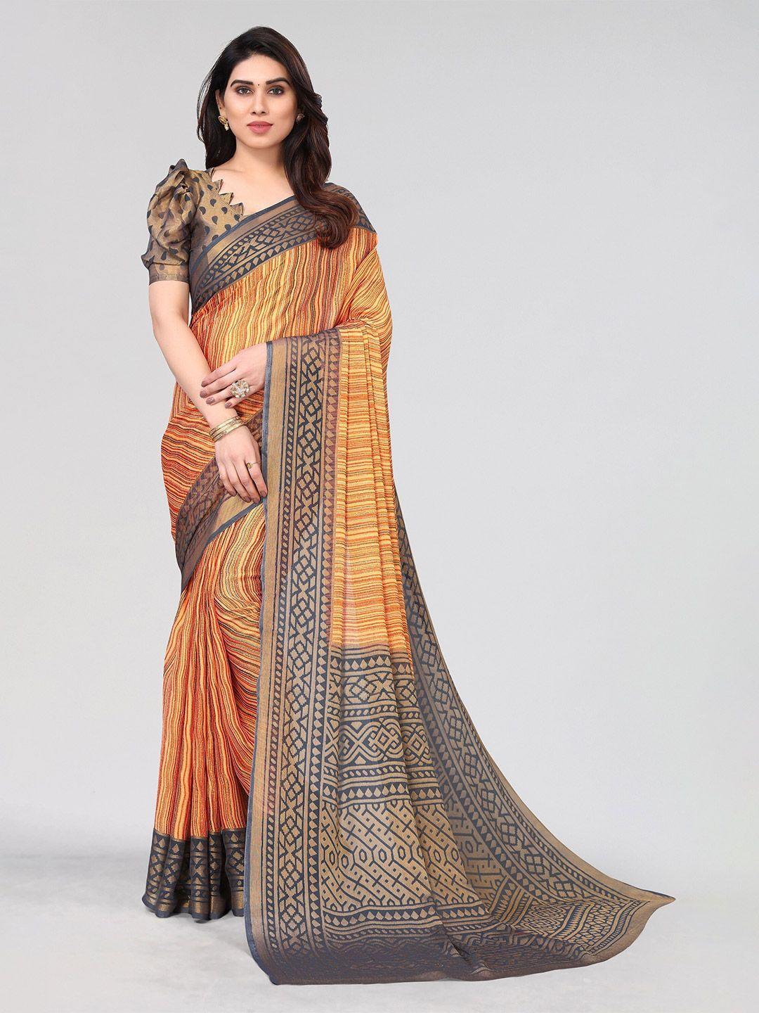 winza designer grey & orange striped poly chiffon designer venkatgiri saree
