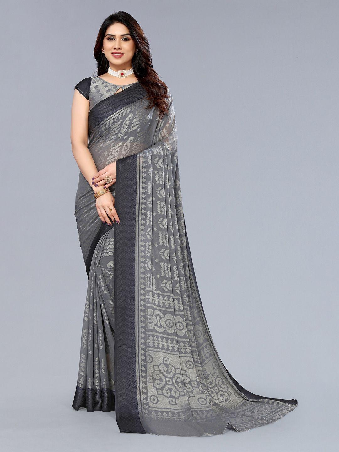 winza designer grey & silver-toned poly chiffon banarasi saree