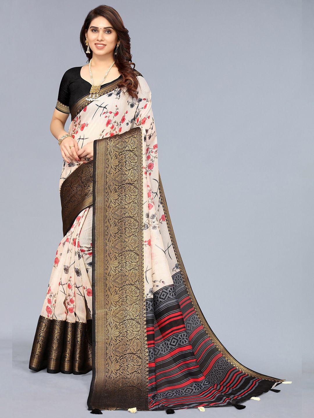 winza designer off white and black floral print zari woven design border saree