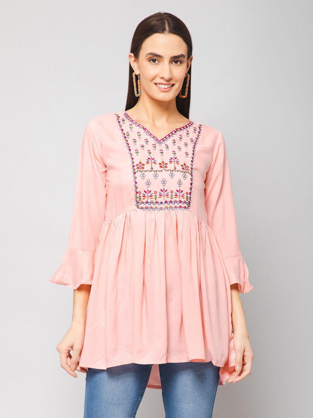 winza designer peach-coloured print bell sleeve longline top