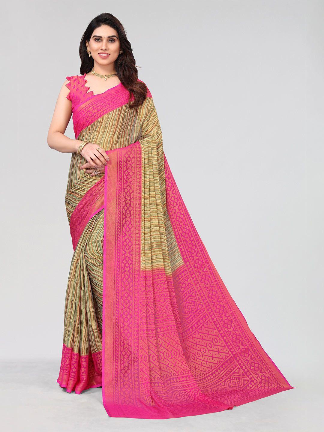 winza designer pink & beige striped poly chiffon designer venkatgiri saree