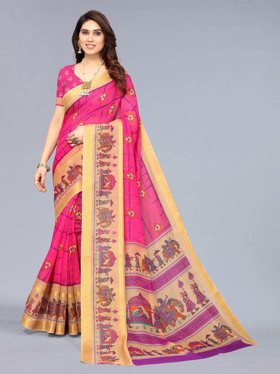 winza designer pink & gold-toned ethnic motifs cotton saree