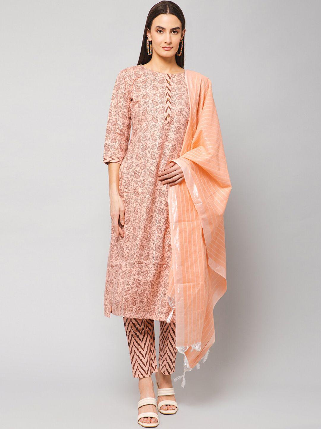 winza designer women peach-coloured floral printed regular kurti with trousers & with dupatta