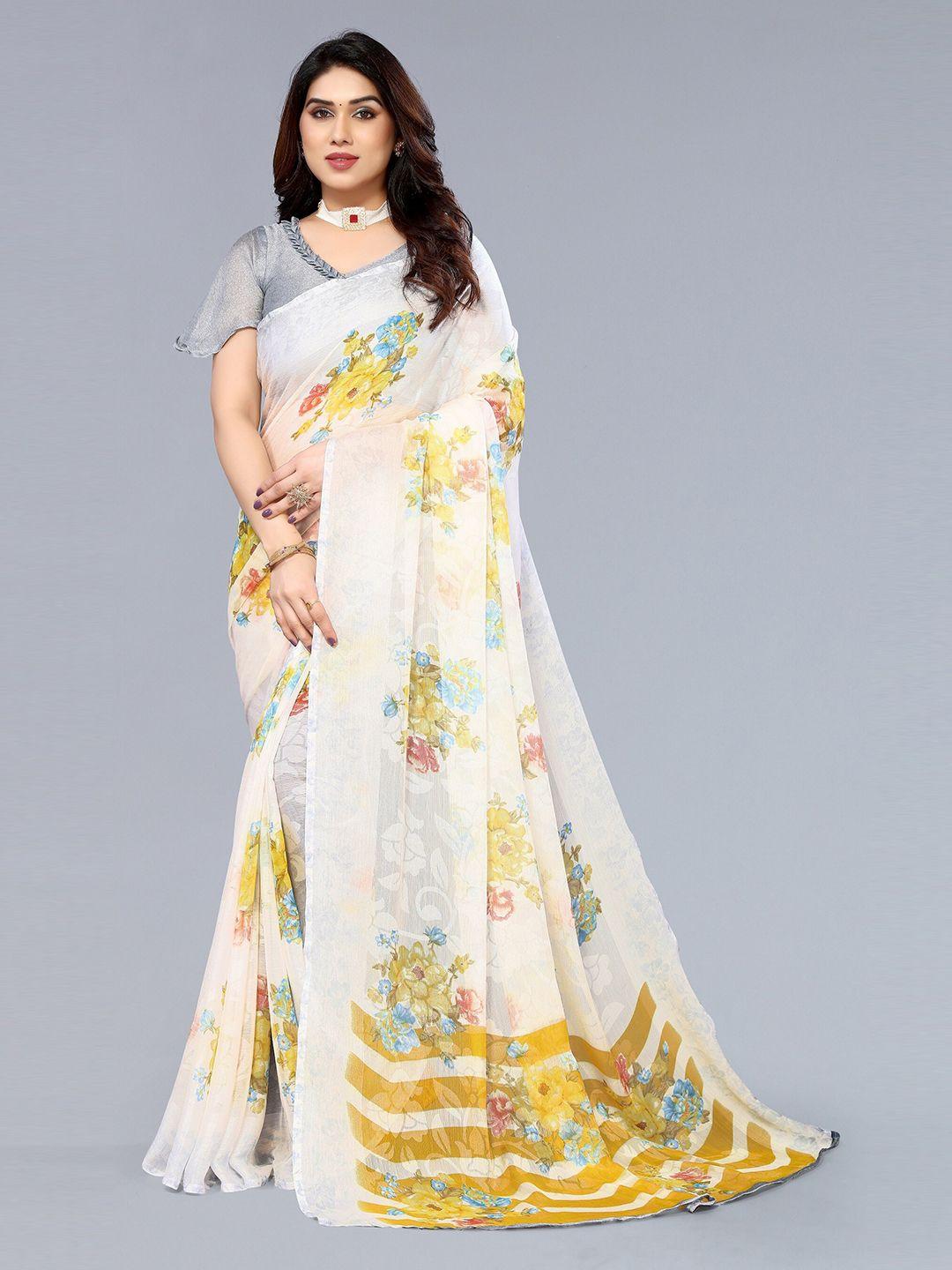 winza designer yellow & white floral poly chiffon dharmavaram saree