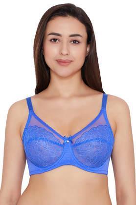 wired fixed strap non-padded women's lace bra - blue