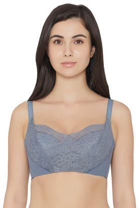 wired fixed strap padded women's lace bra - blue