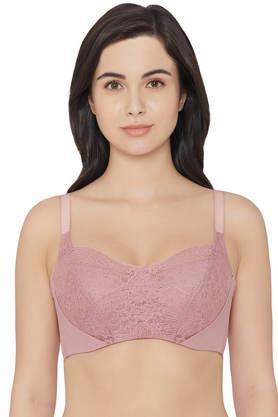 wired fixed strap padded women's lace bra - purple