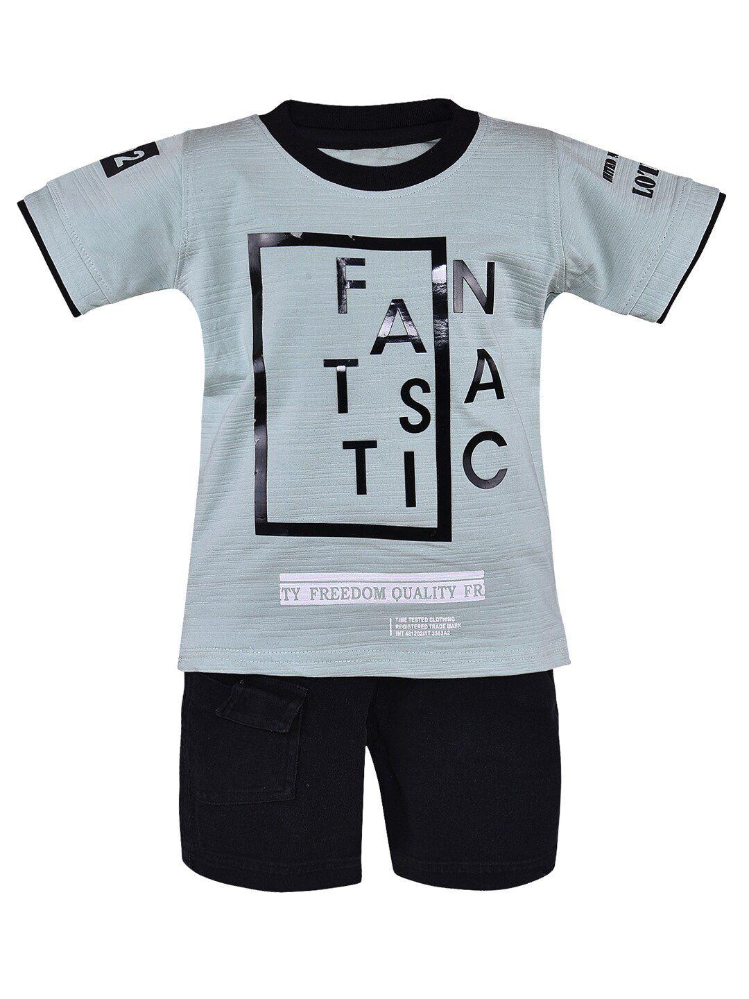 wish karo boys green & black printed t-shirt with shorts set