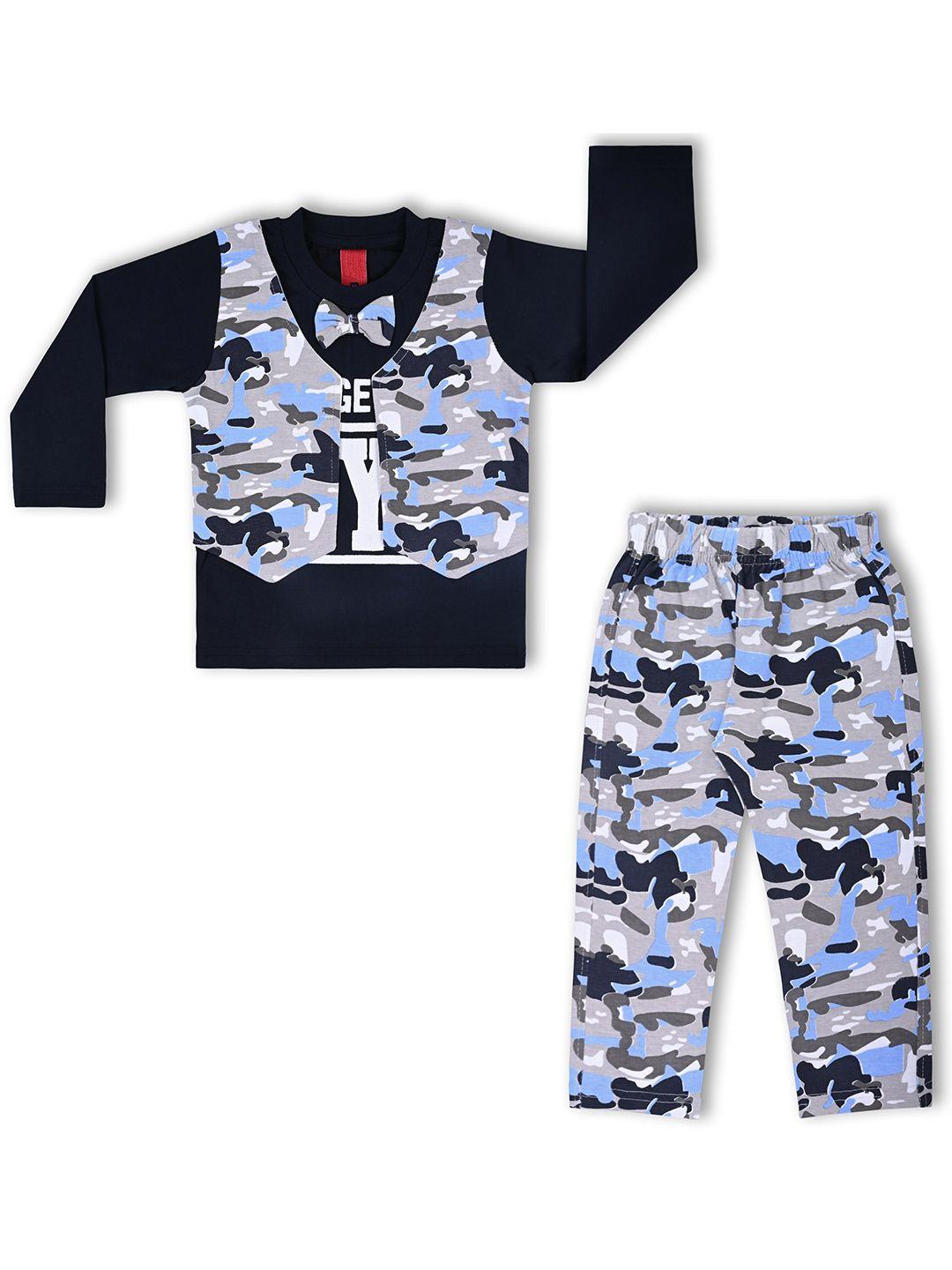 wish karo boys navy blue & white printed t-shirt with trousers