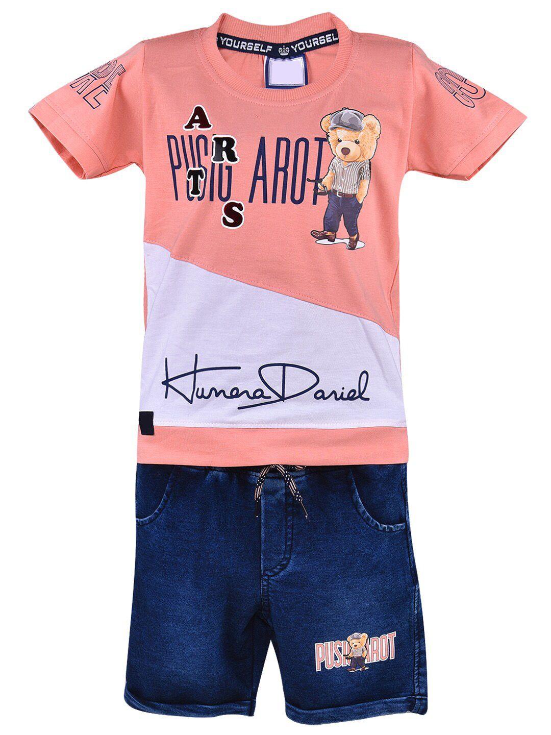 wish karo boys peach-coloured & blue printed t-shirt with shorts